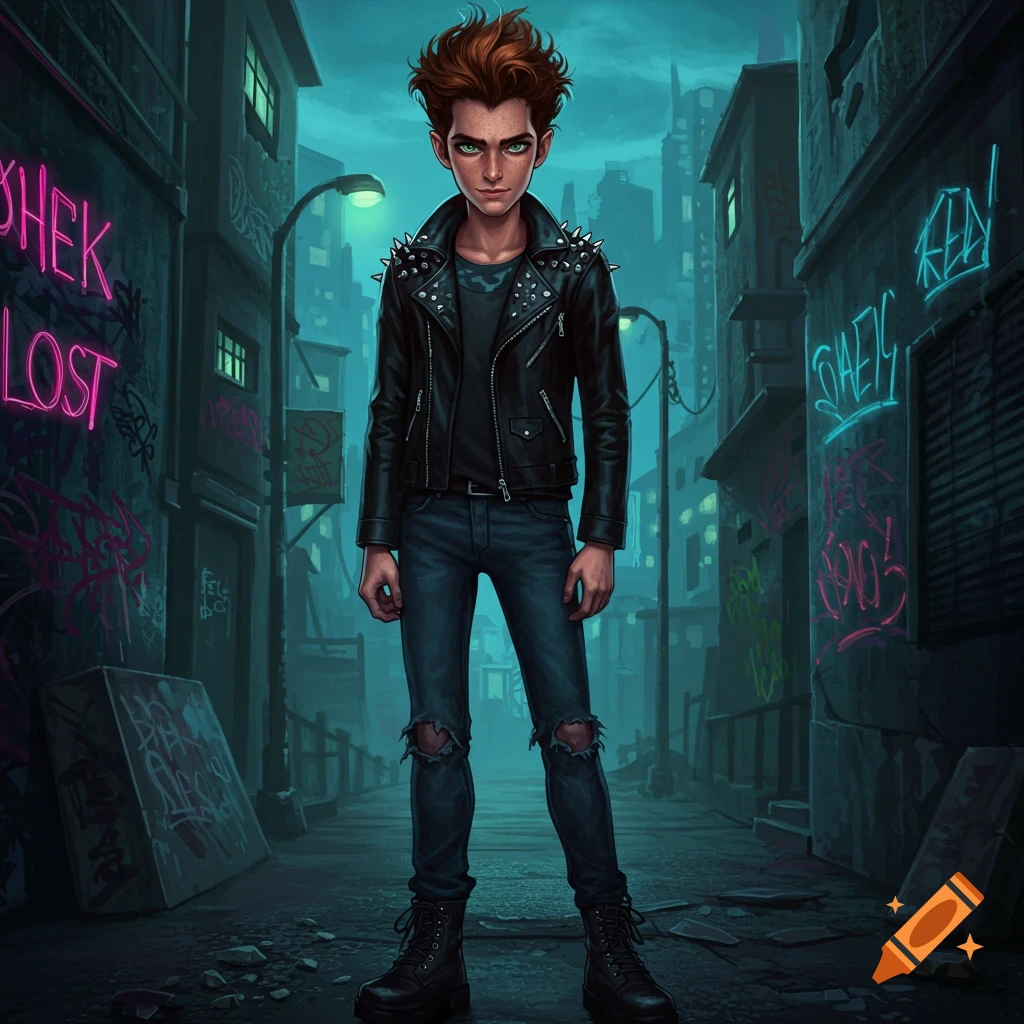 An illustrated young man with auburn hair and green eyes, in a black studded leather jacket and ripped jeans, stands in a dark, graffiti-filled alley.
