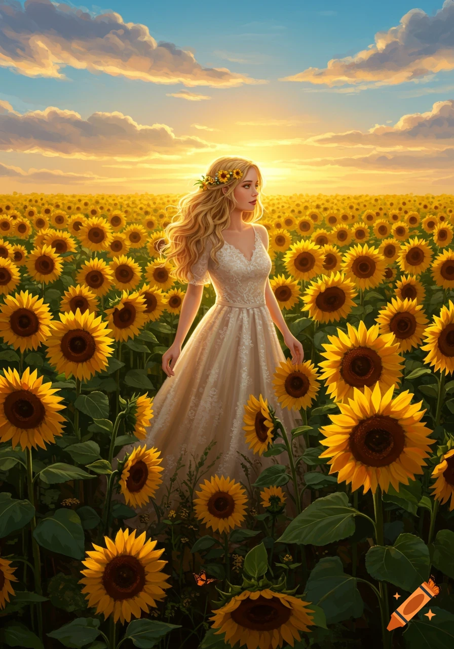 A blonde woman in a white dress stands in a vibrant field of sunflowers at sunset.