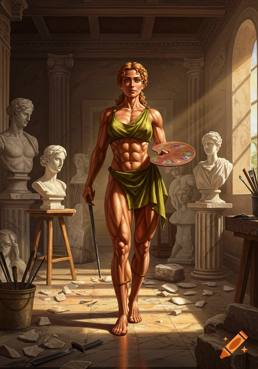 A muscular woman in ancient attire holding a palette and sculpting tool stands in an artist's studio with classical busts.