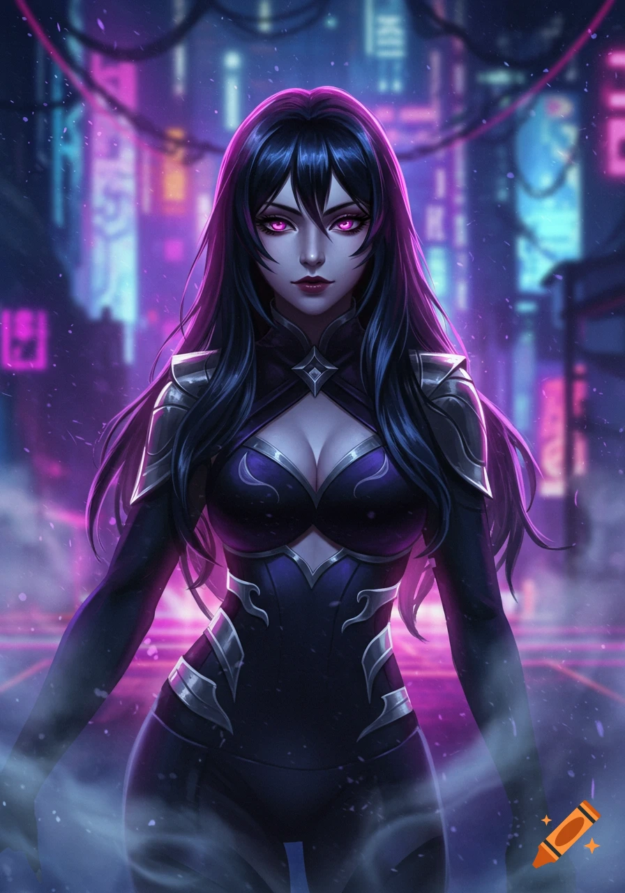 A dark-haired woman with glowing pink eyes and armored suit stands in a neon-lit cyberpunk city.