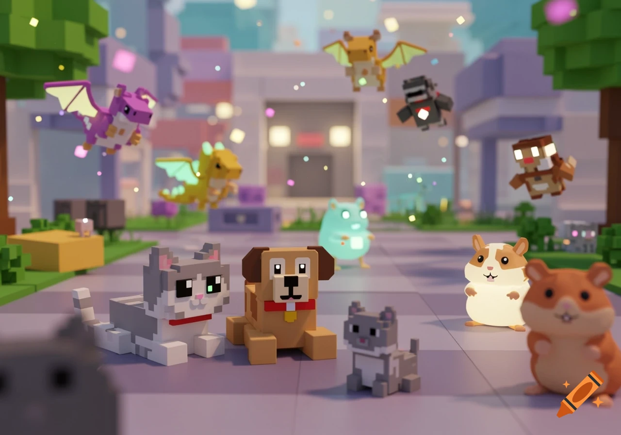 Blocky pets including cats, dogs, hamsters, and dragons in a colorful Roblox-style city park.