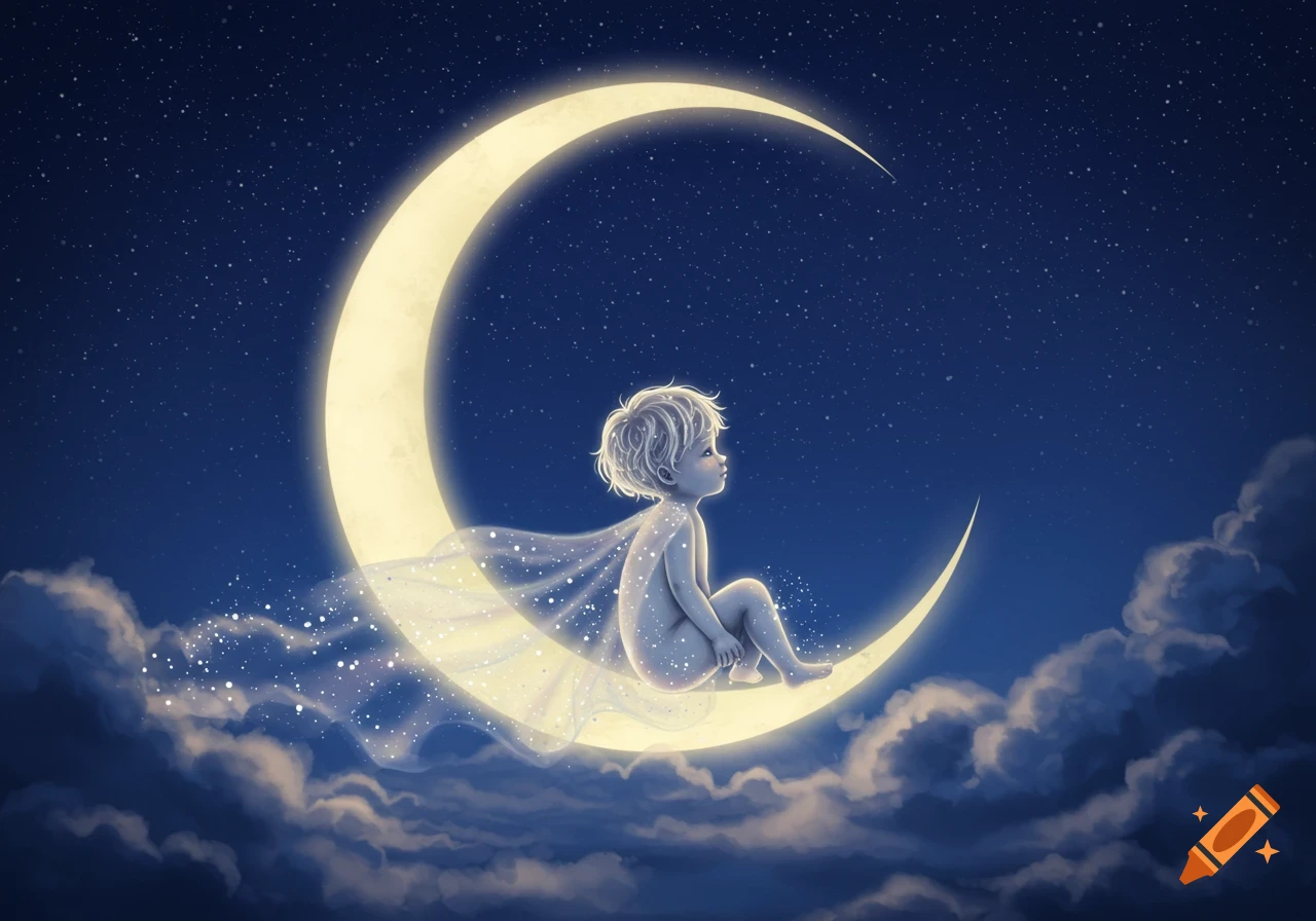 A cute, dreamlike illustration of a child sitting on a glowing crescent moon in a starry night sky with clouds.