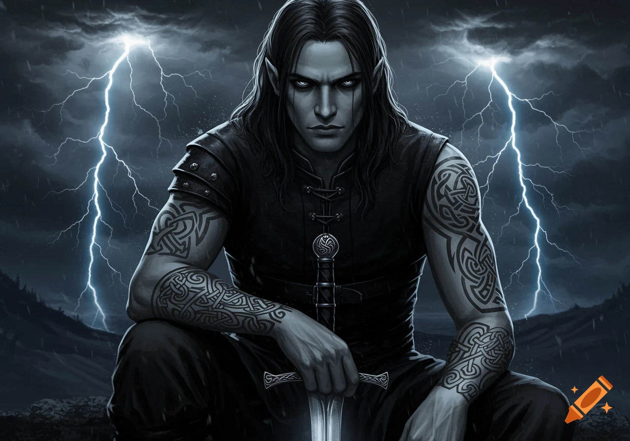 A dark fantasy man with long hair and celtic tattoos sits with a sword under a stormy sky with lightning.