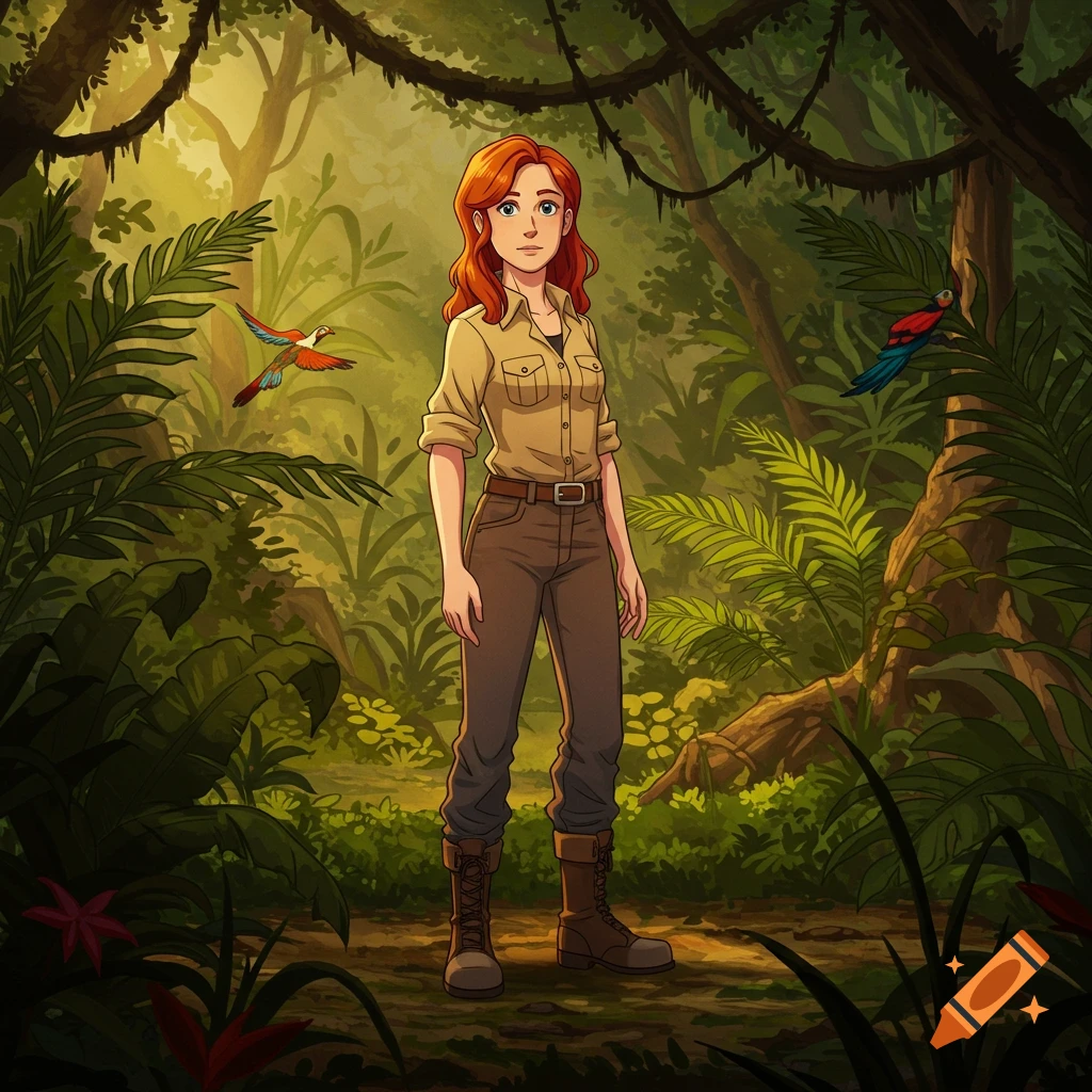Anime illustration of a red-haired woman in a safari outfit standing in a lush jungle with birds.