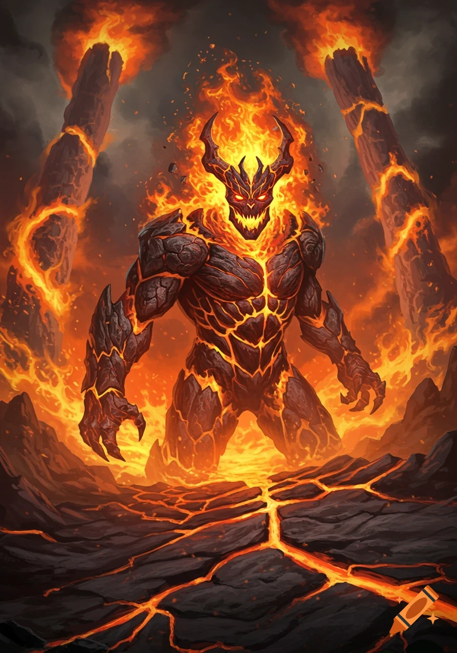 A fearsome, horned creature made of glowing molten rock and fire stands in a volcanic landscape with fiery pillars, digital art.