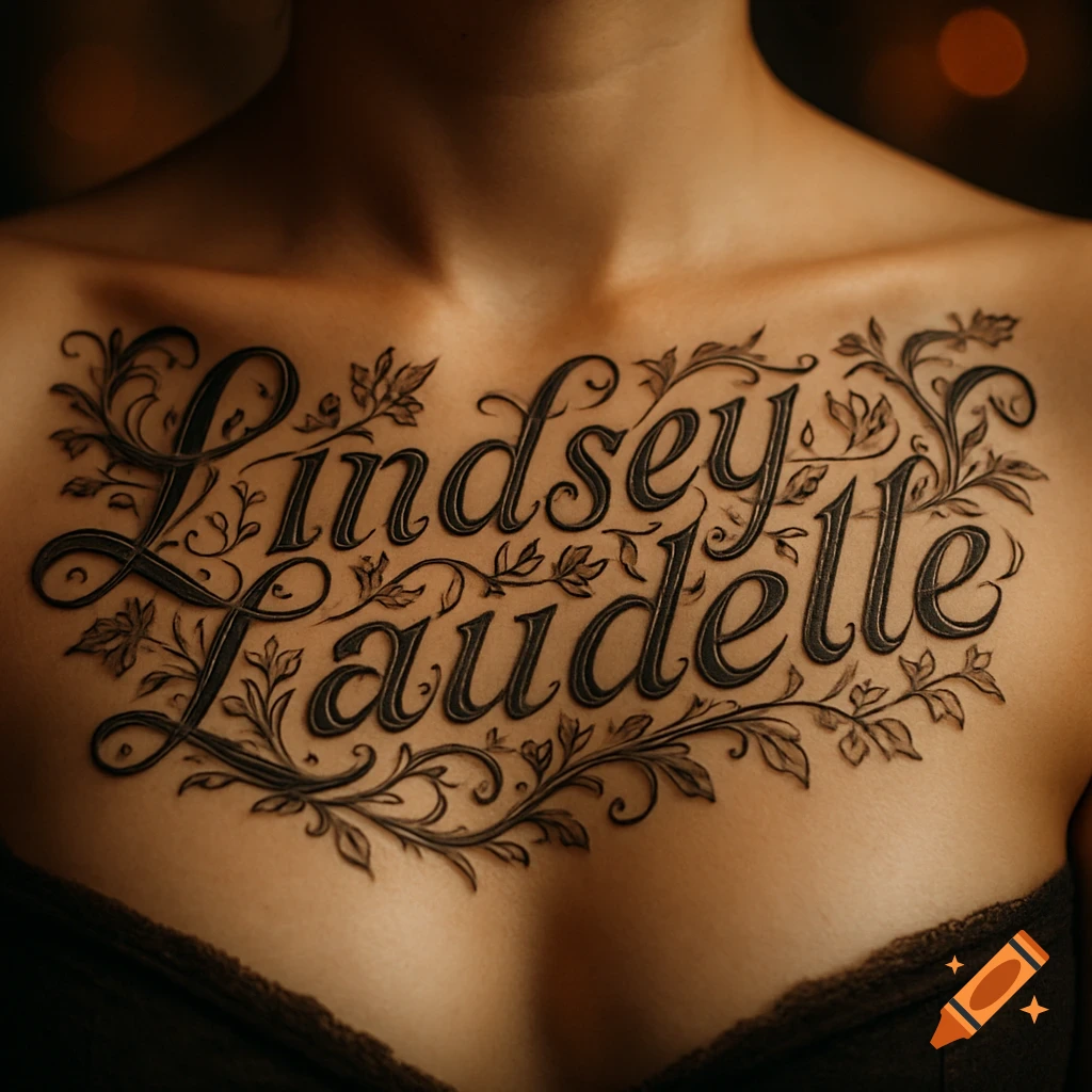 Photorealistic close-up of a person's chest with a detailed script tattoo of 'Lindsey Laudelle' surrounded by vines and leaves.