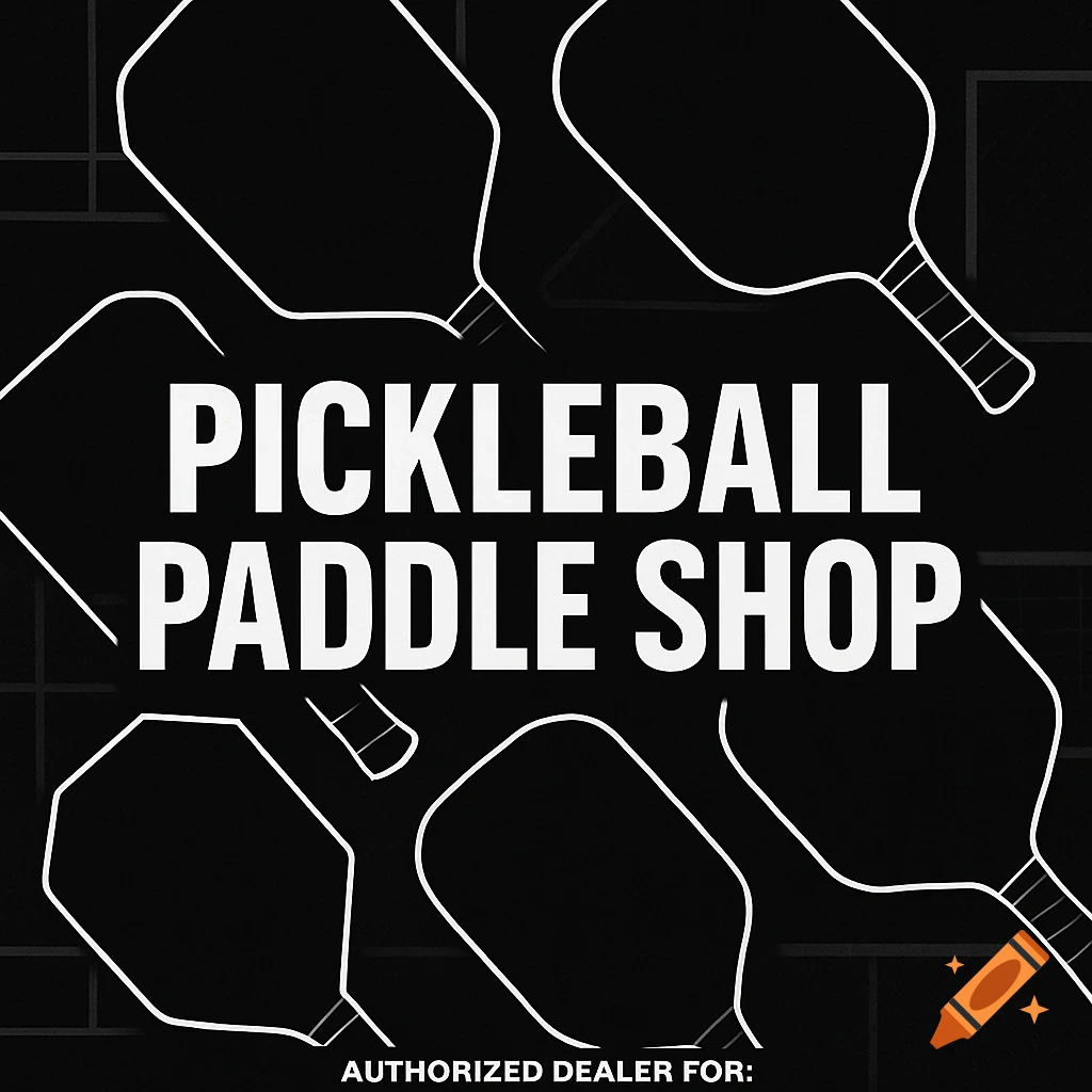 A black and white social media graphic advertising a Pickleball Paddle Shop, featuring outlines of pickleball paddles surrounding the bold text.