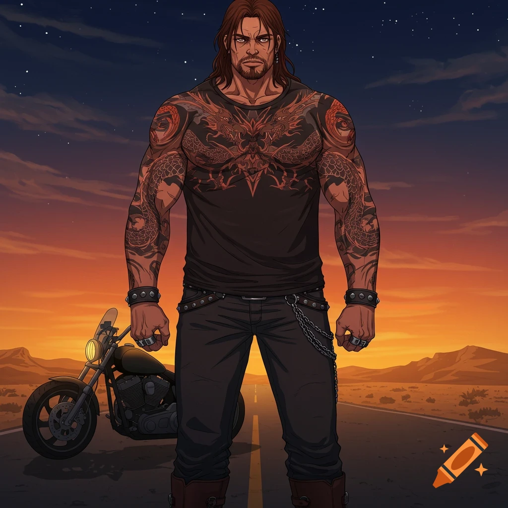 An anime-style muscular man with long brown hair, beard, tattoos on his arms and chest, wearing a dark t-shirt and jeans, standing in front of a motorcycle on a desert road at sunset.