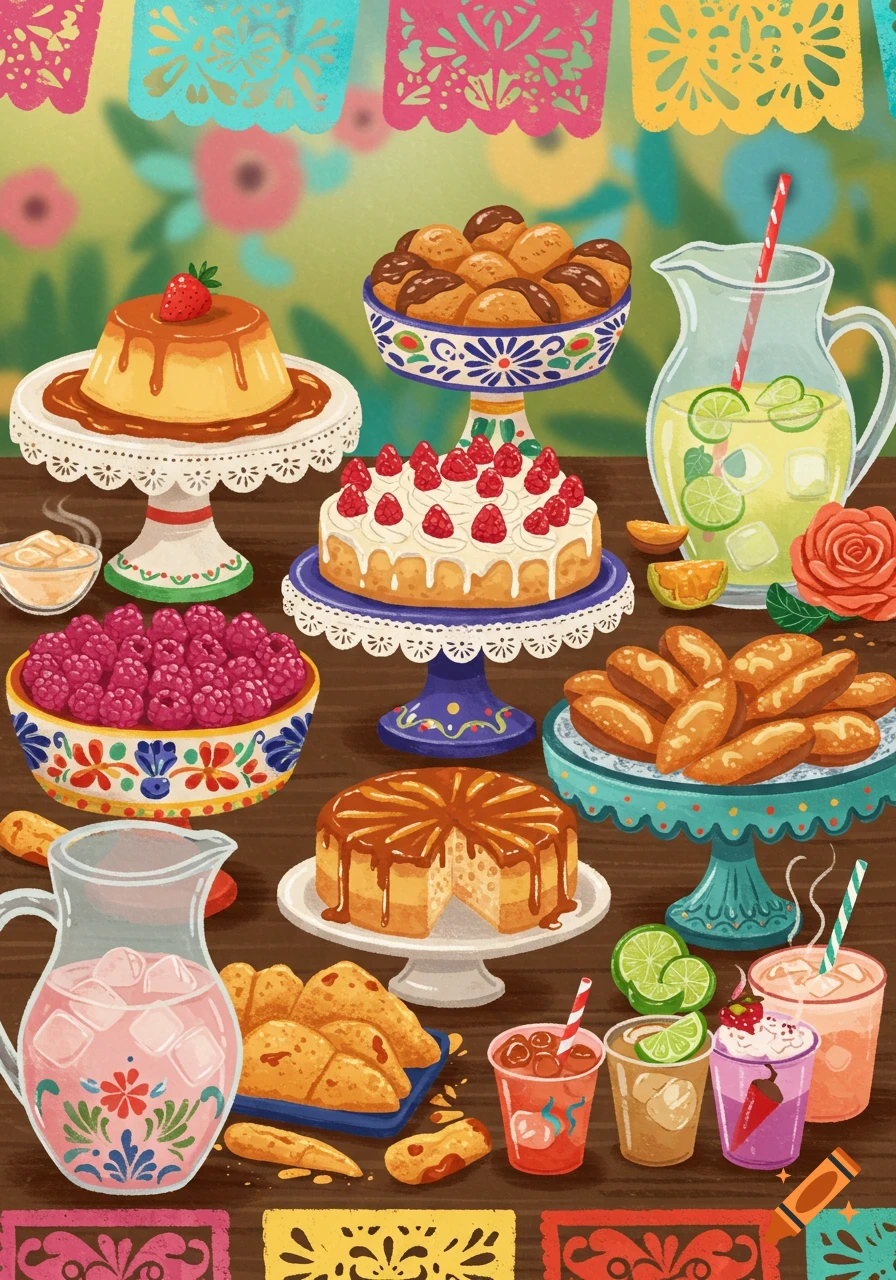 A vibrant illustration of a table laden with Mexican desserts and drinks, including flan, cakes, pastries, and agua fresca, set with colorful decor.