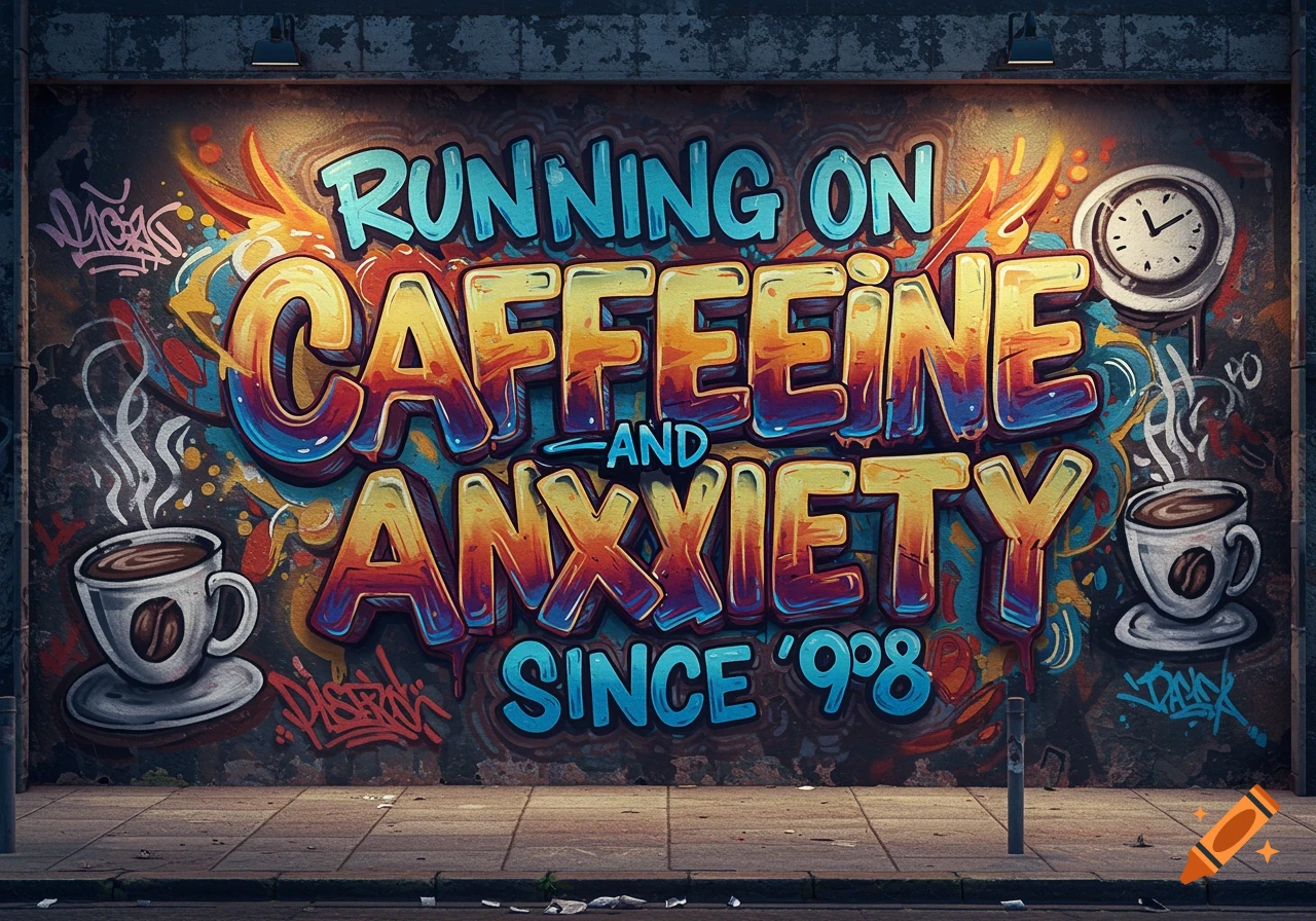 A colorful graffiti mural on a wall reading "RUNNING ON CAFFEINE AND ANXIETY SINCE '98" with coffee cups and a clock.
