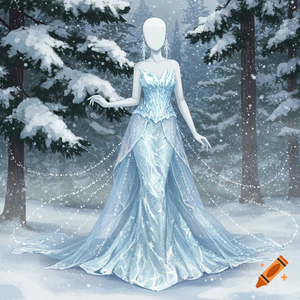 A detailed fantasy illustration of a mannequin wearing a shimmering blue ice-themed gown in a snowy forest.