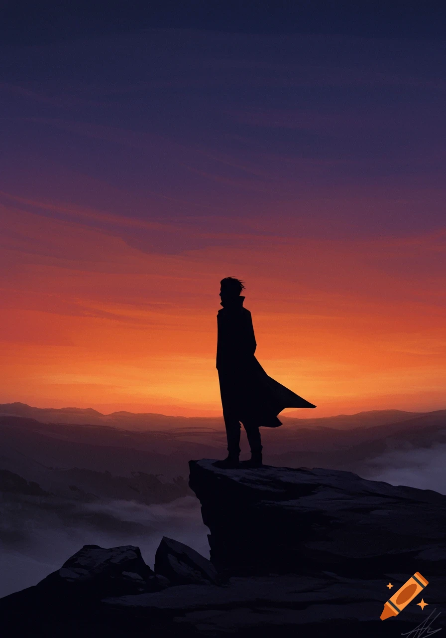 A silhouetted man stands on a cliff overlooking a vast mountain range at sunset in a stylized illustration.