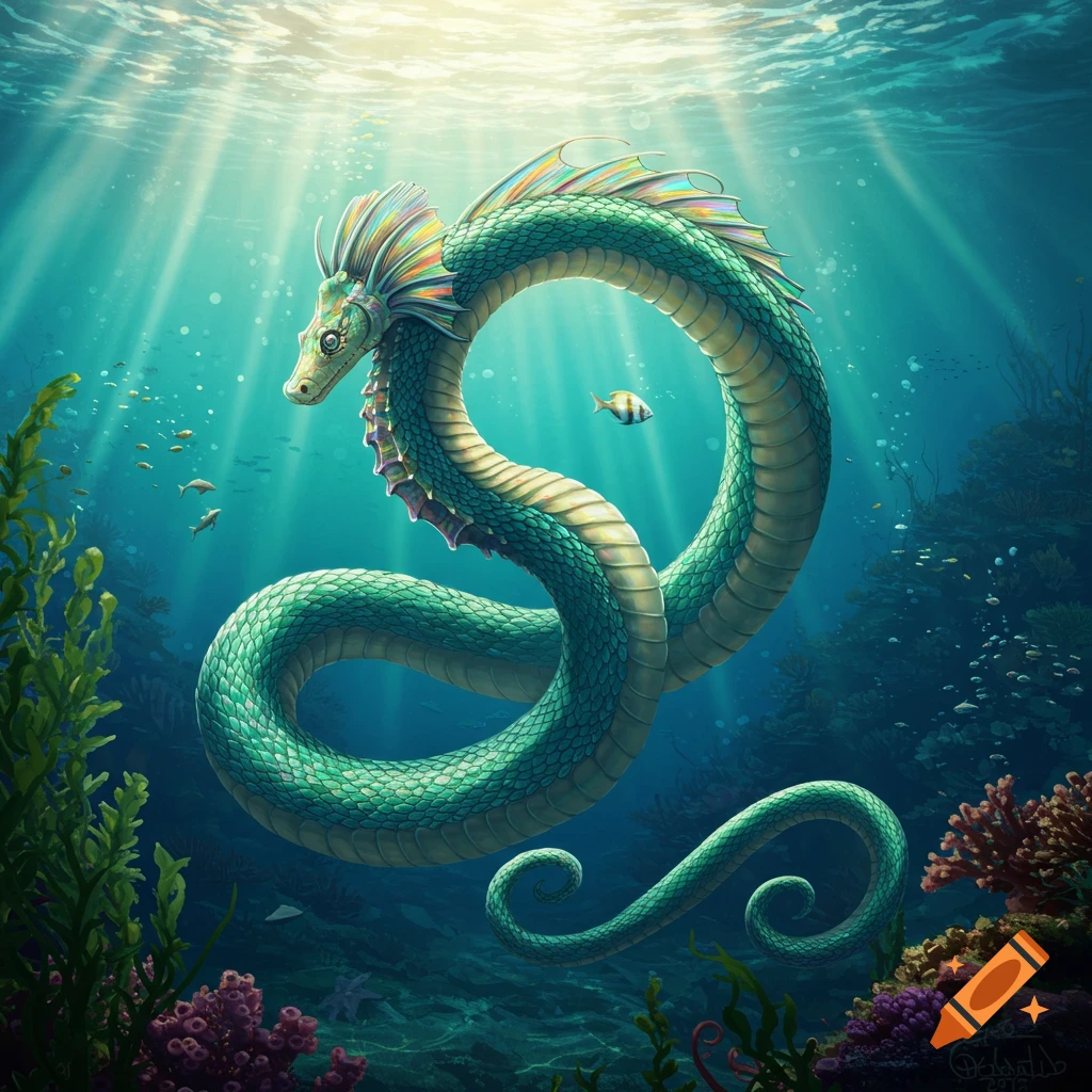 A large green scaly sea serpent with a seahorse head swims in a vibrant blue underwater scene with sunlight rays and coral.