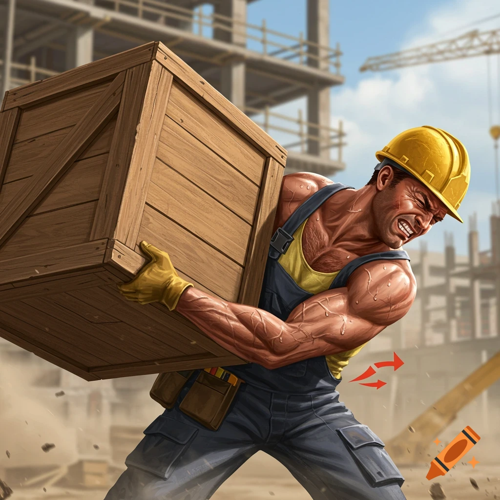 A muscular construction worker in a hard hat strains to lift a large wooden crate on a dusty construction site, with red arrows pointing to his back.