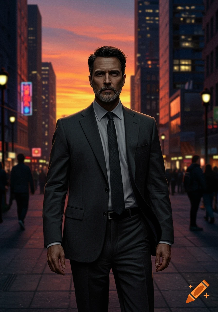 A photorealistic portrait of a serious man in a dark suit and tie standing on a city street at sunset.