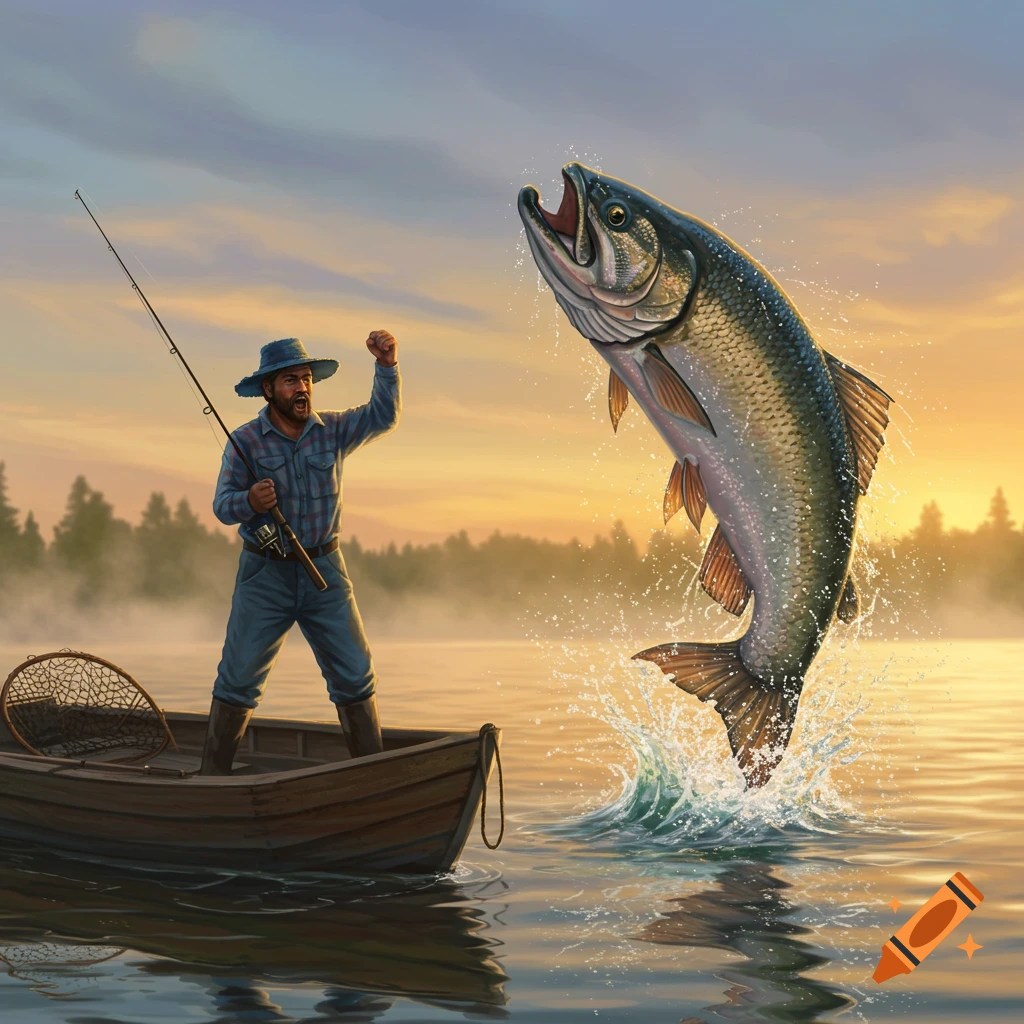 A man in a boat celebrates catching a large fish leaping out of the water at sunrise.