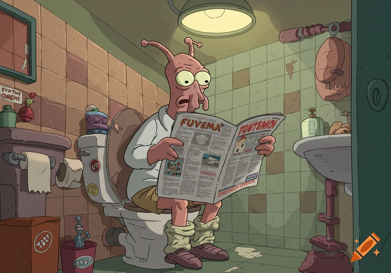 A cartoon character resembling Zoidberg from Futurama sits on a toilet, pants around his ankles, reading a newspaper in a tiled bathroom.
