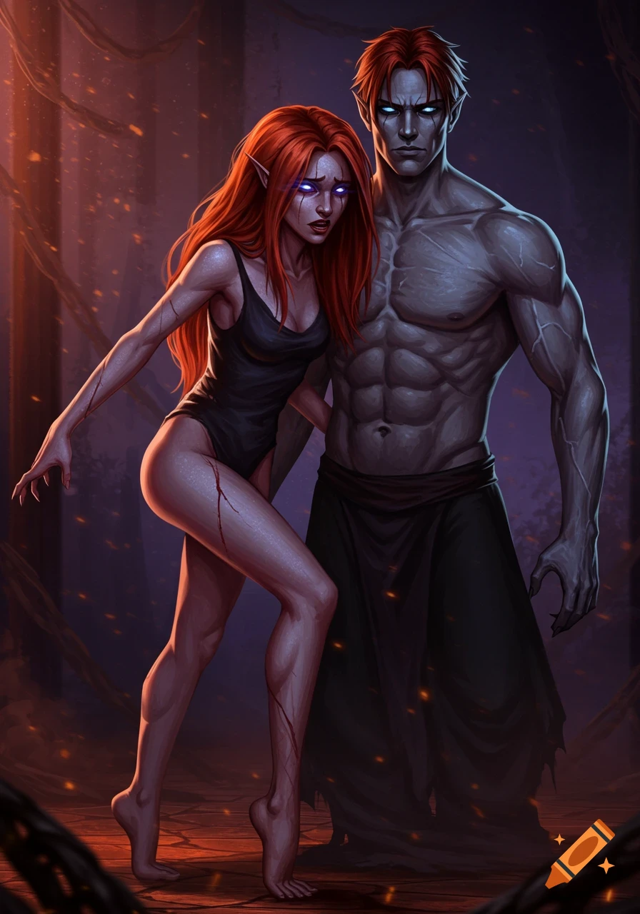 Digital art of a red-haired elven woman with glowing eyes and cracked skin in a dark bodysuit, standing beside a gray-skinned muscular man with glowing eyes in a dark, fiery fantasy setting.