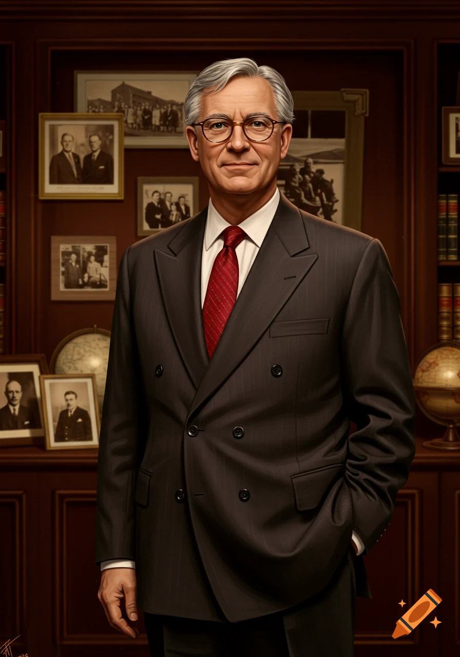 A formal portrait of a gray-haired man in a dark pinstripe suit and red tie, standing in a wood-paneled office with framed photos and globes.