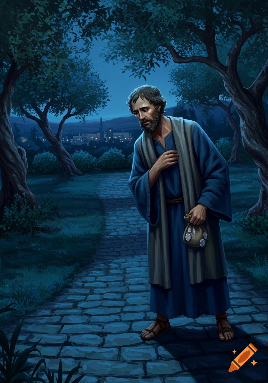 A sad man, Judas Iscariot, holds a money bag in a dark garden at night, with a city in the background. Digital painting.