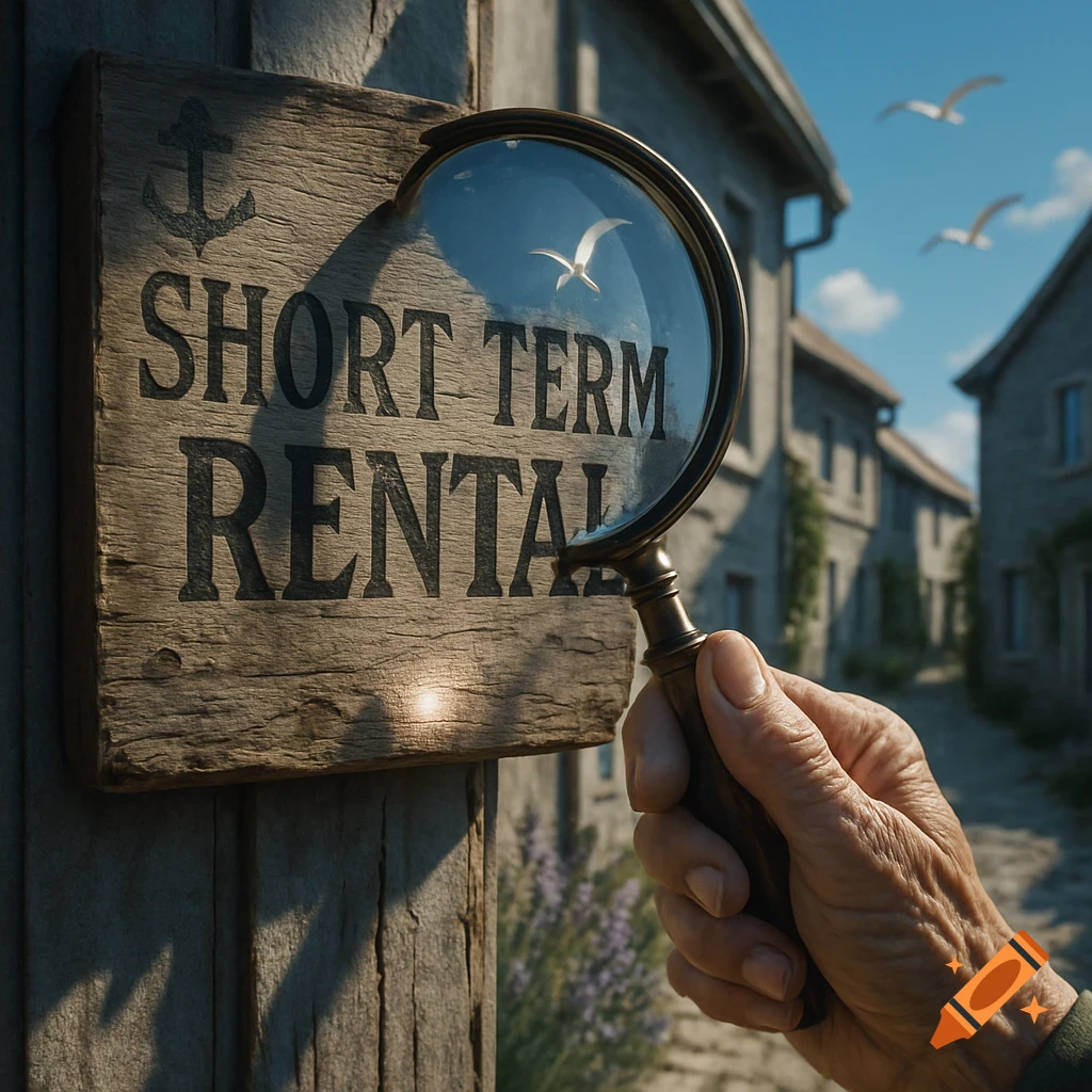 A wrinkled hand holds a magnifying glass over a wooden "SHORT TERM RENTAL" sign, with old stone buildings and seagulls in the sunny background.