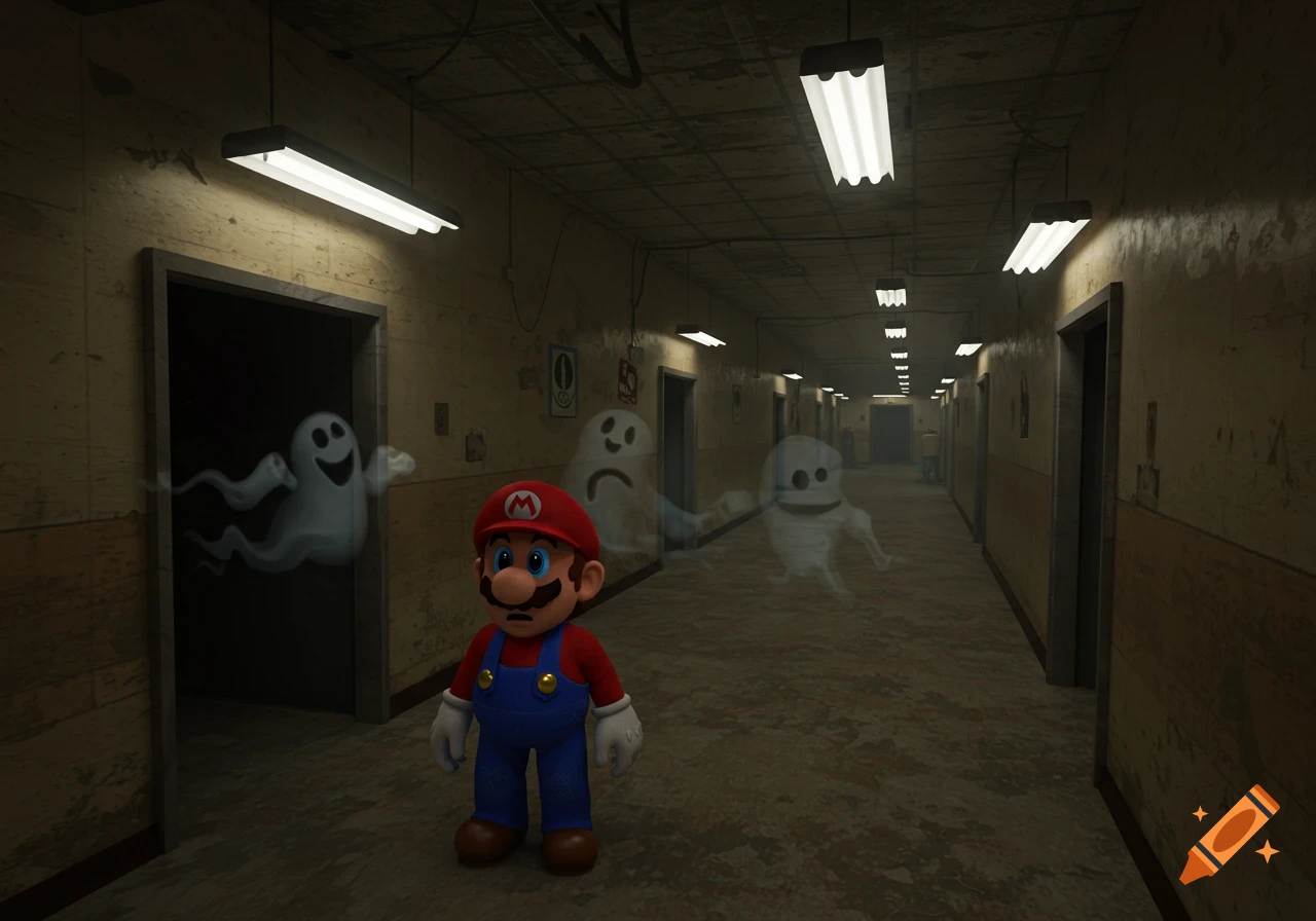 Mario stands in a dimly lit, eerie hallway with several translucent ghosts floating around him.