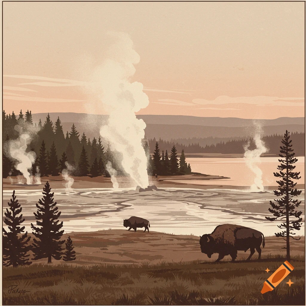 A vintage travel poster style illustration of two bison grazing near steaming geysers and pine trees in a Yellowstone-like landscape.