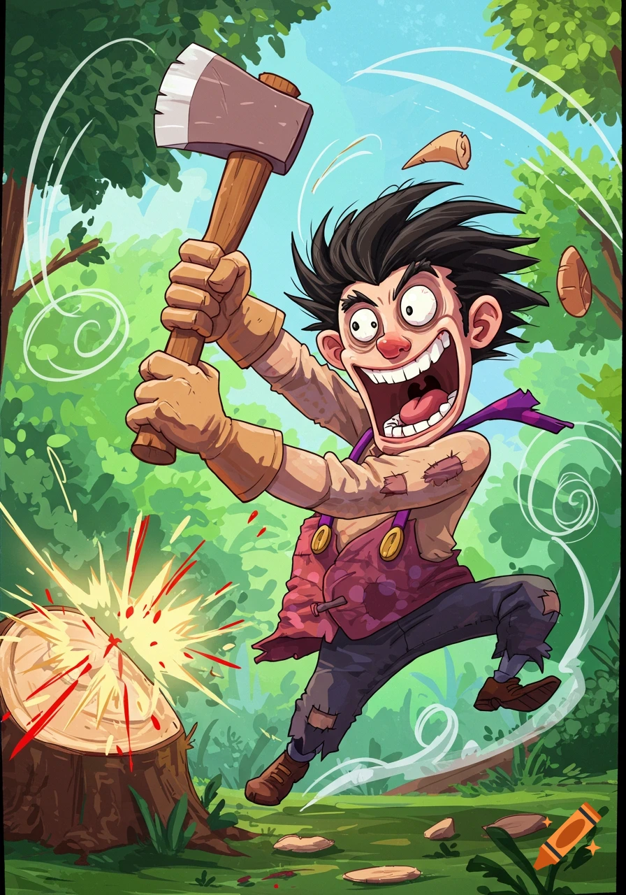 A crazy-looking cartoon man with wide eyes and a huge grin swings an axe gleefully into a tree stump in a forest setting.