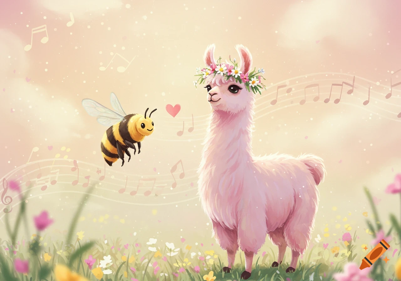 A cute pink llama with a flower crown stands in a meadow, looking at a happy bee flying towards it. Musical notes float in the soft, light pink background.