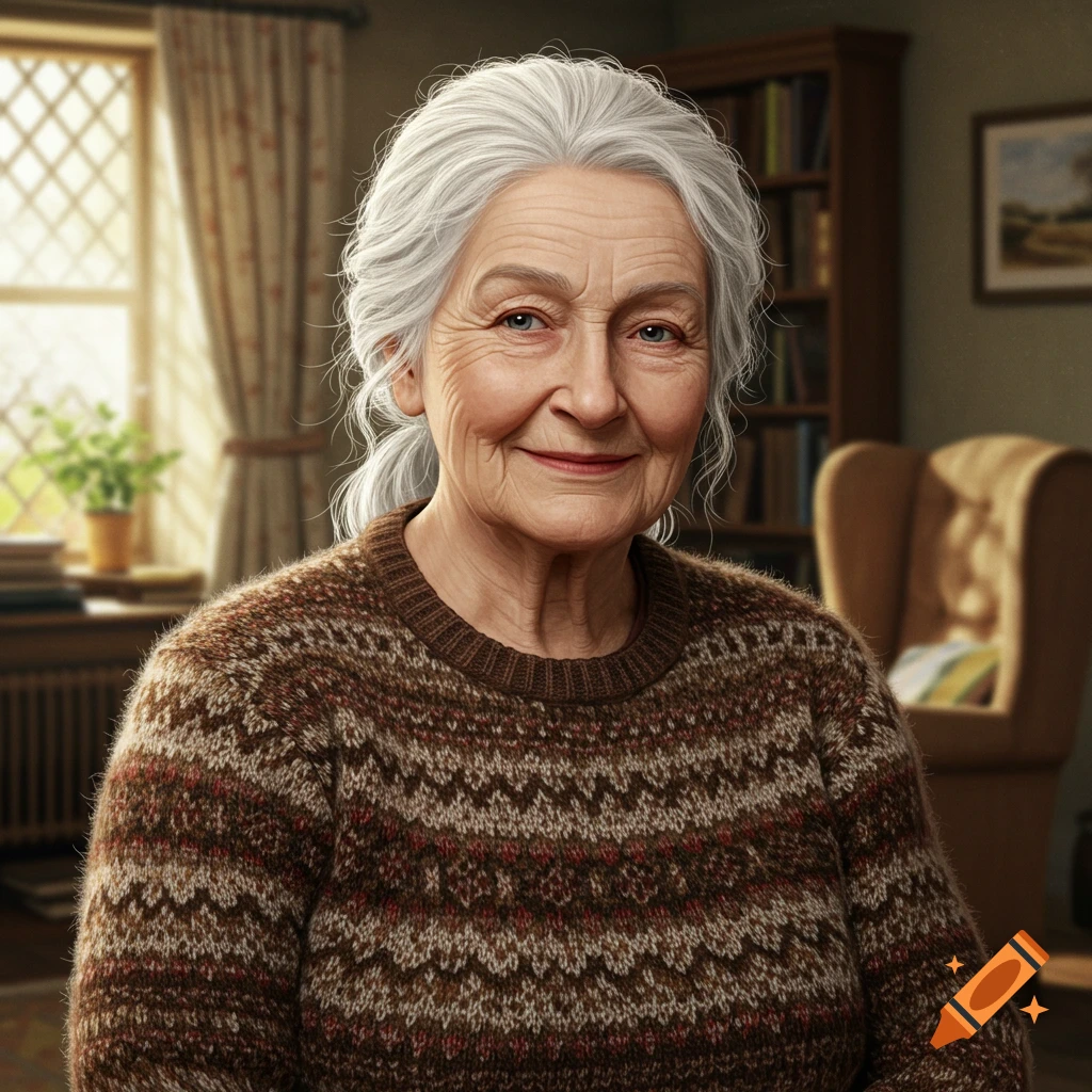A photorealistic portrait of a smiling elderly woman with white hair wearing a patterned brown sweater.