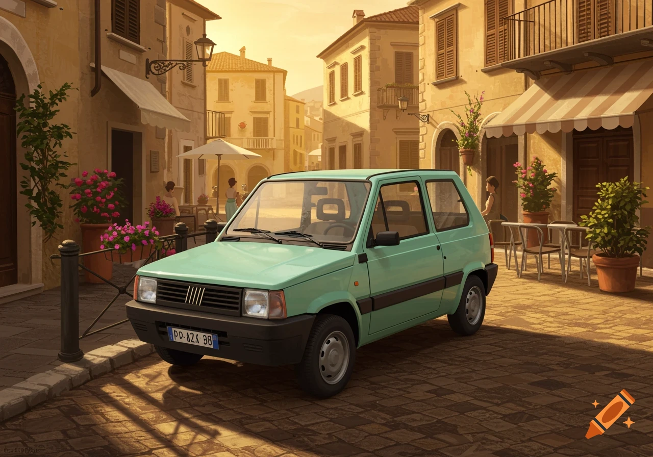 A light green Fiat Panda car parked on a cobblestone street in a sunny European town with buildings and cafe seating.