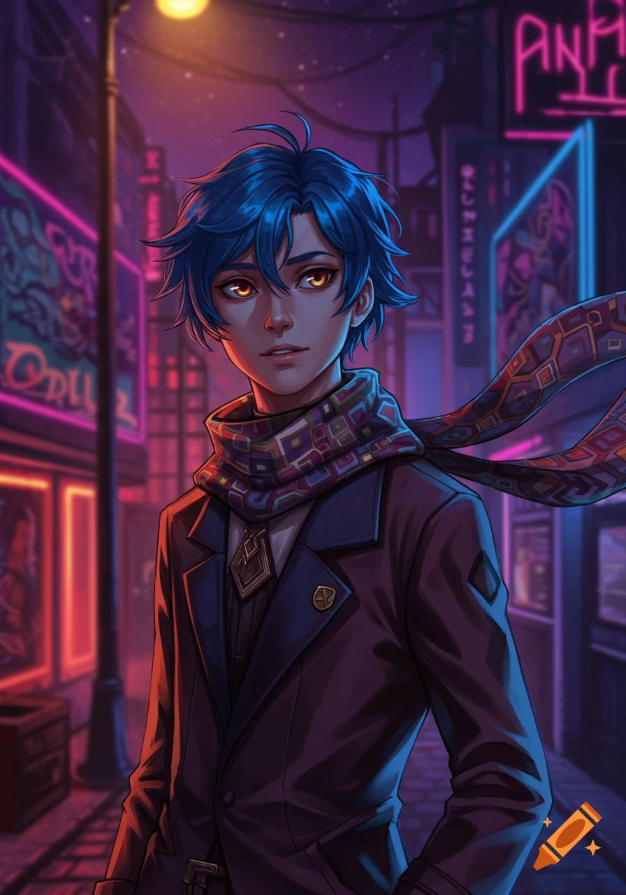 An anime-style character with blue hair and a scarf stands in a neon-lit city street at night.