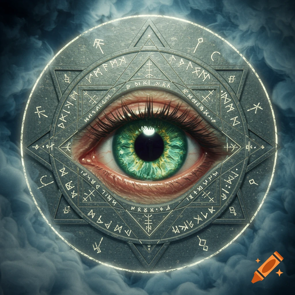 A realistic green eye is centered within a circular, ancient-looking alchemical symbol adorned with intricate runes and glyphs, set against a dark, smoky background.