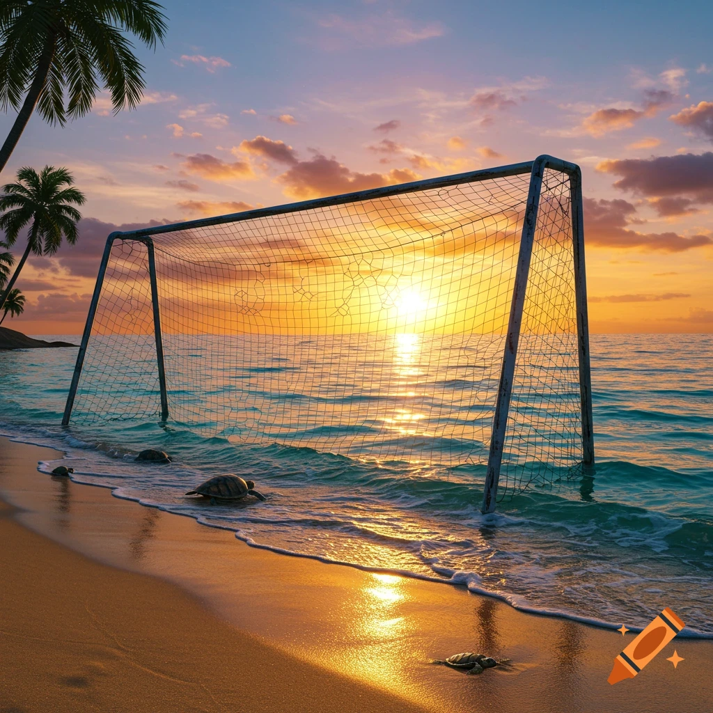 A photorealistic image of a soccer goal submerged in the ocean on a beach at sunset, with sea turtles on the sand and in the water, and palm trees.
