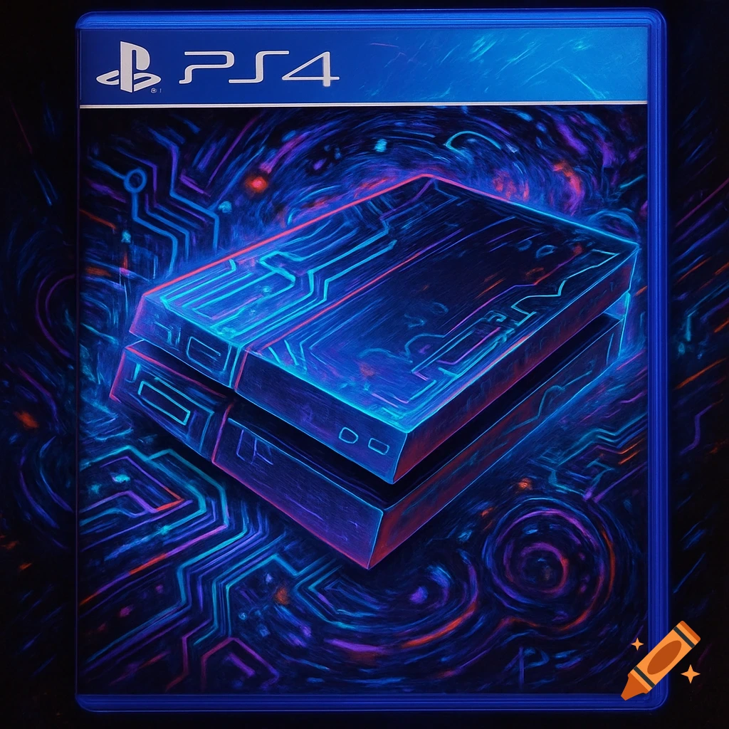 A PS4 game cover featuring a neon blue and pink outlined PlayStation 4 console on a dark, abstract circuit board background.