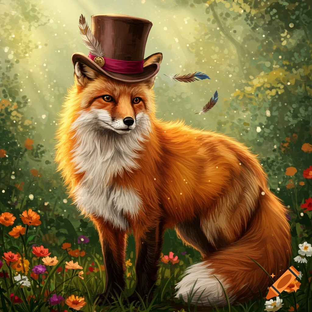 An anthropomorphic fox wearing a brown top hat with a feather stands in a vibrant, sunlit forest with colorful flowers.