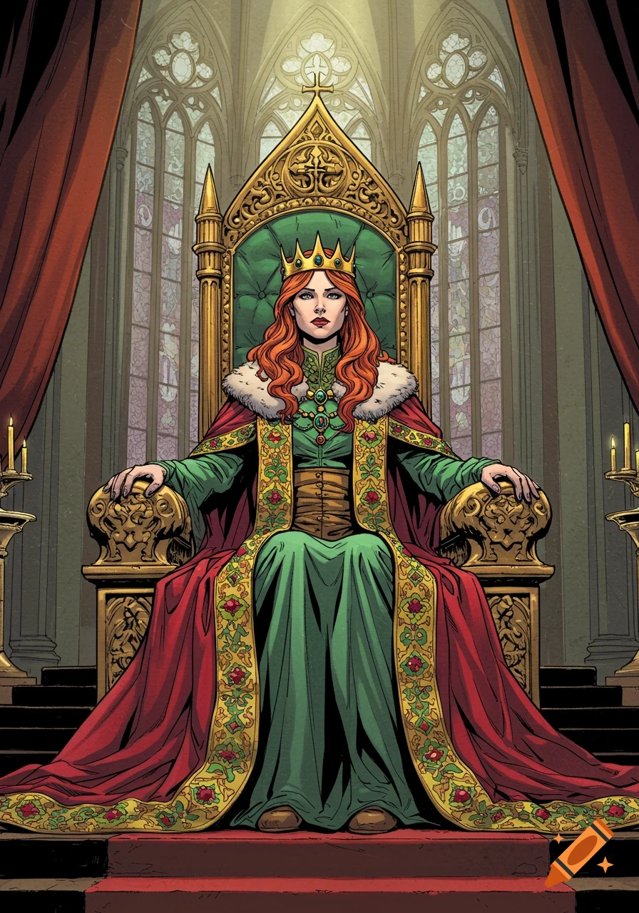 A red-haired queen in a green and red robe, wearing a crown, sits on a golden throne in a comic book art style.