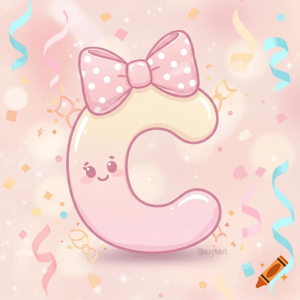 A cute, pastel pink and yellow cartoon letter C with a pink polka dot bow, surrounded by colorful confetti and ribbons on a soft pink background.