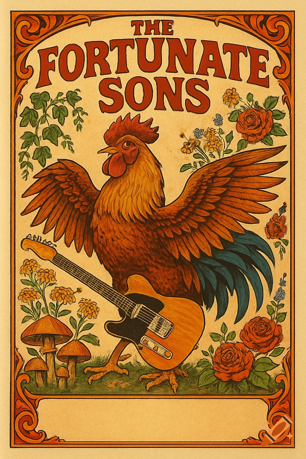 A 70s-style gig poster for 'The Fortunate Sons' featuring a large rooster holding a Fender Telecaster guitar, surrounded by roses, ivy, and mushrooms.