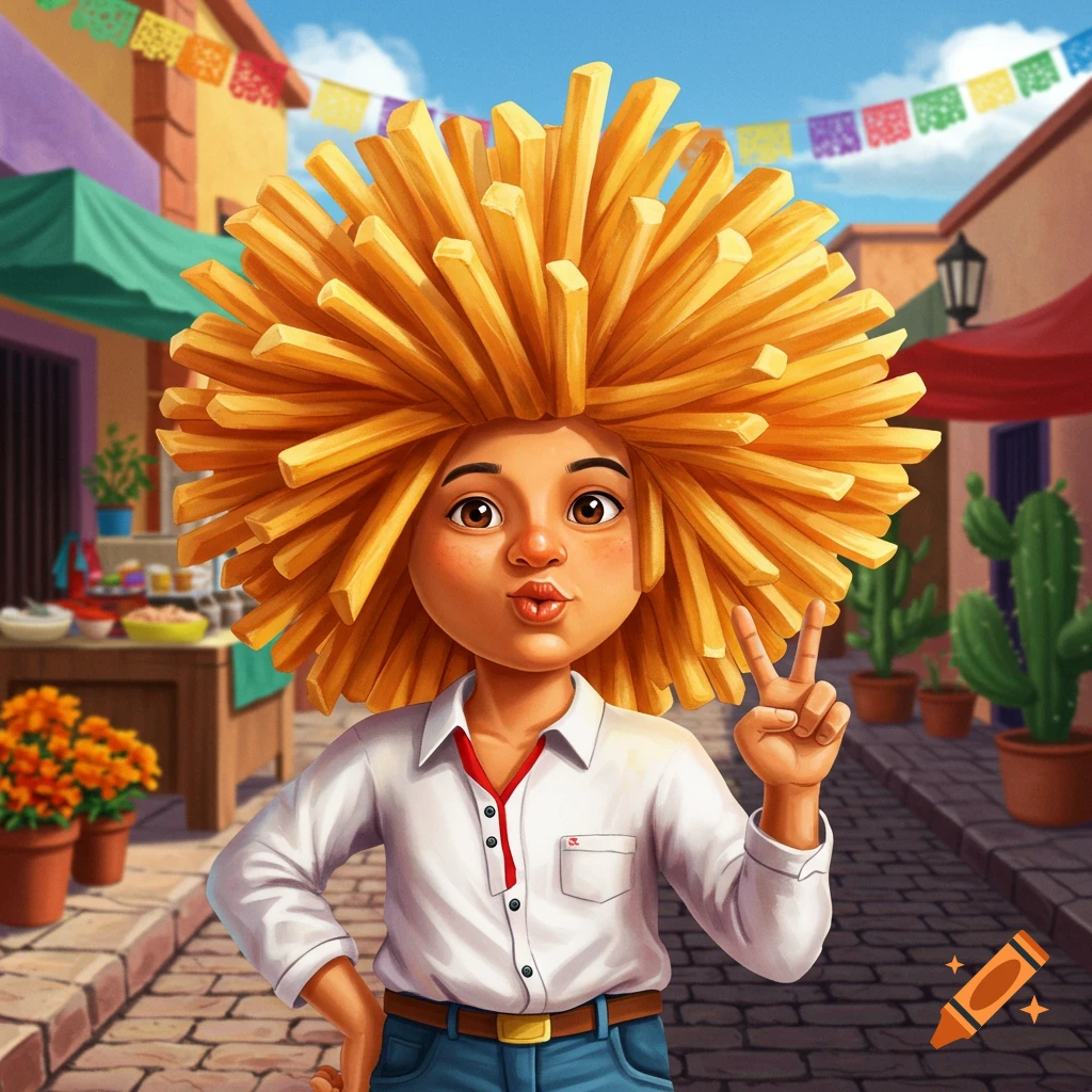 A cartoon character with french fry hair makes a peace sign and a duck face in a sunny Mexican street with festive flags and cacti.