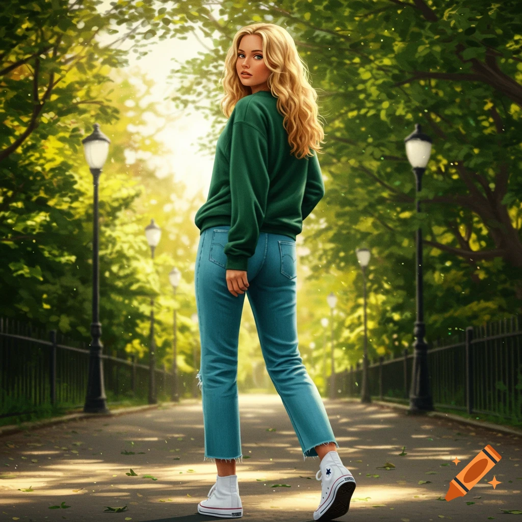 A blonde woman in a green sweatshirt, jeans, and white Converse high tops stands on a park path, looking back at the viewer.