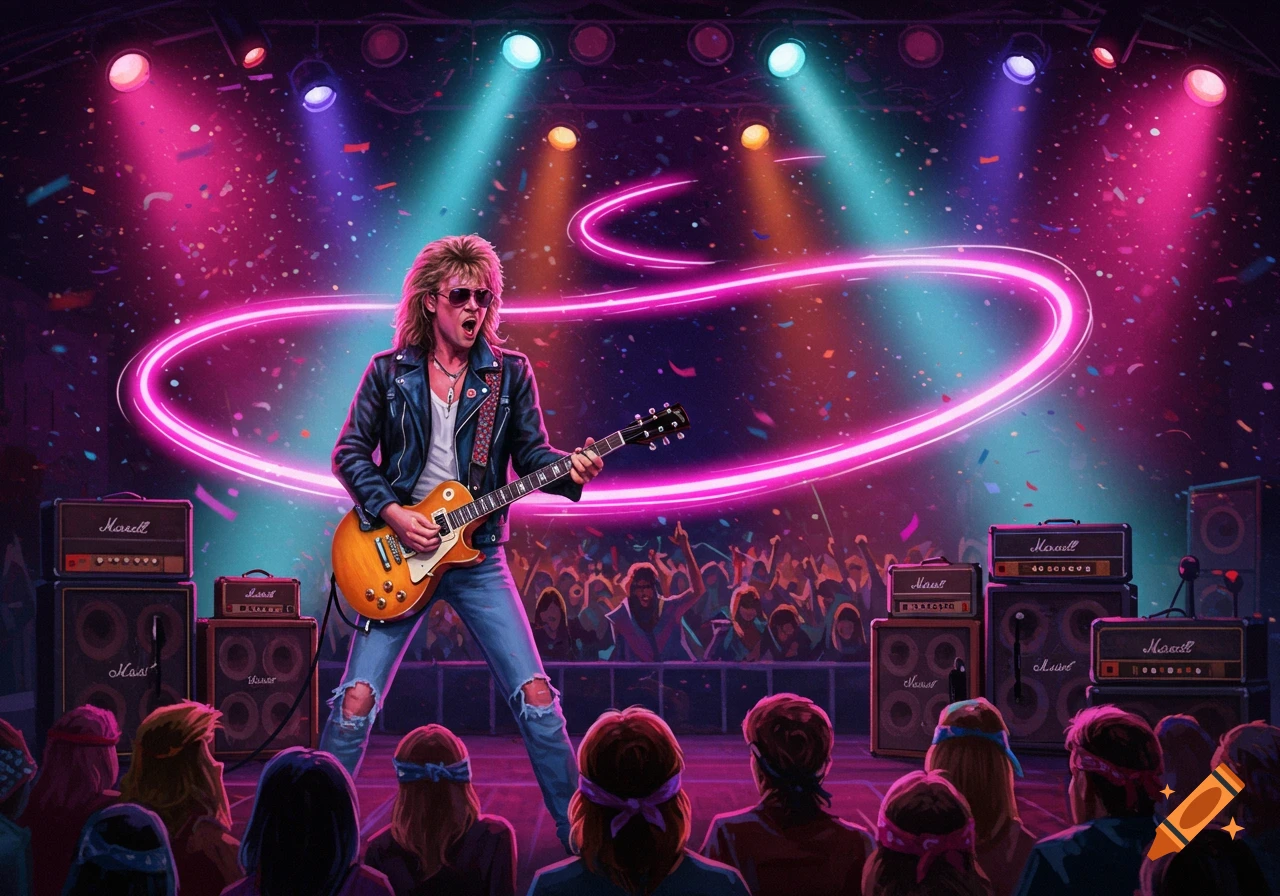 Rock musician in sunglasses and leather jacket playing electric guitar on a neon-lit stage with confetti, in front of a crowd.