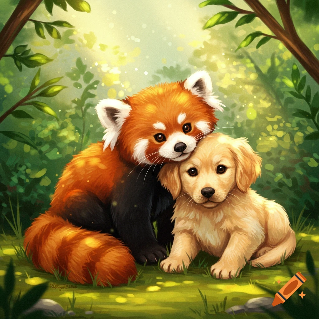 A cute illustrated baby red panda and a golden retriever puppy sitting together in a lush green forest with dappled sunlight.