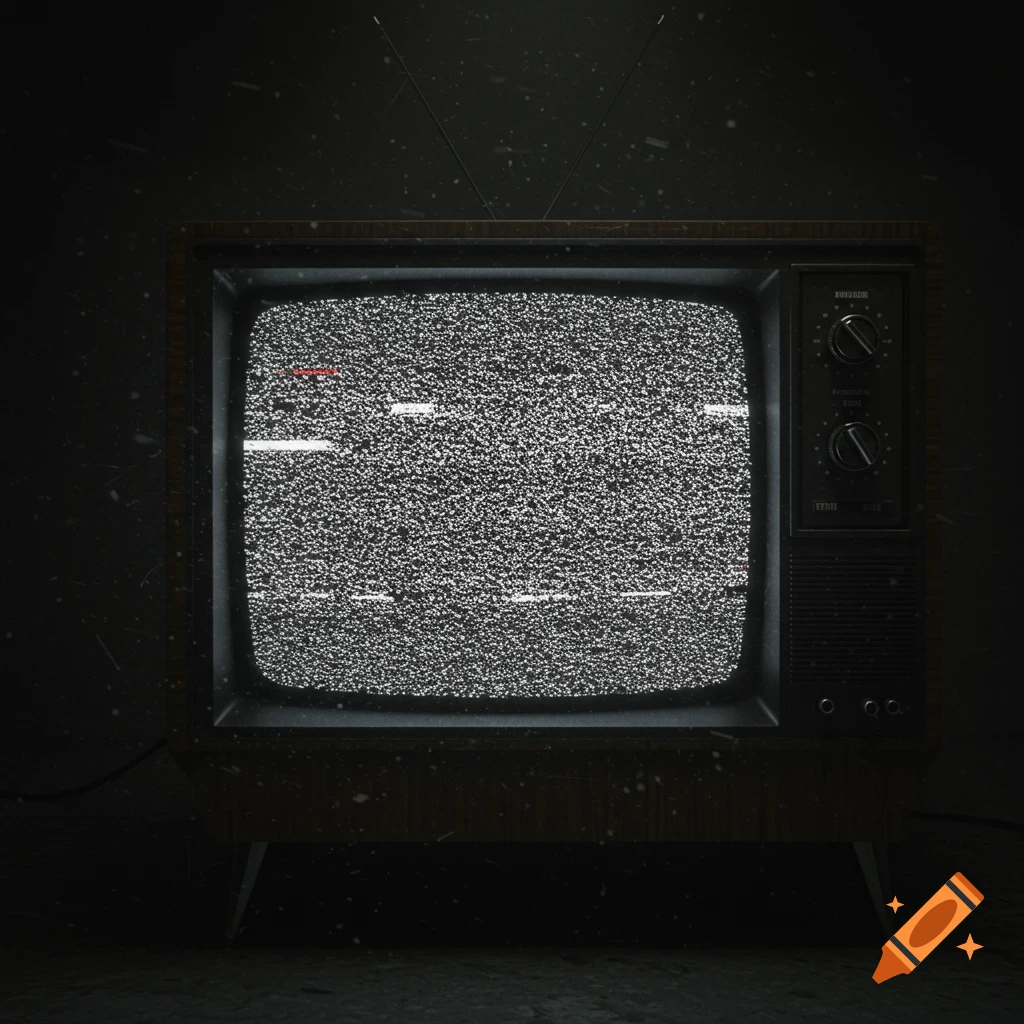 An old, dark television displays a screen full of bright white static in a dark room, creating a retro aesthetic.