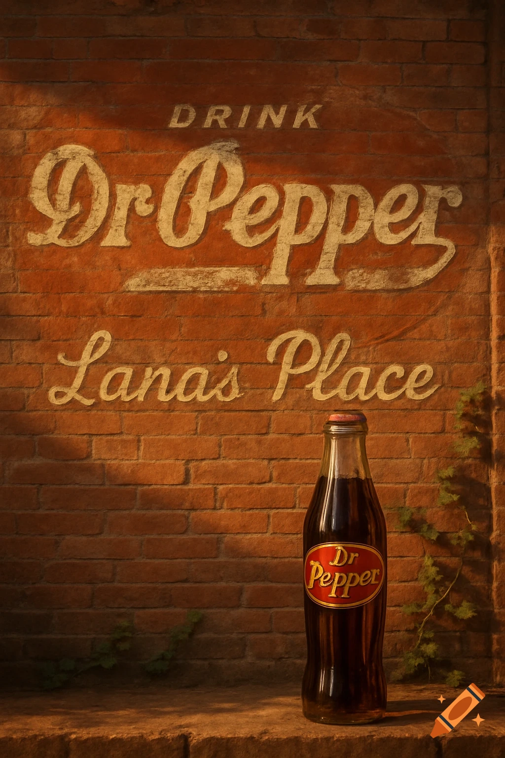 A vintage Dr. Pepper bottle sits on a ledge in front of an old brick wall with a painted 'DRINK Dr Pepper Lana's Place' sign.