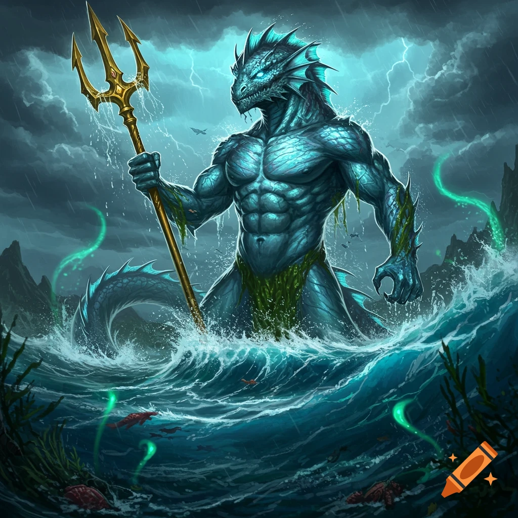 A muscular, blue-green reptilian water monster with a tail emerges from stormy ocean waves, holding a golden trident, with lightning in the sky.