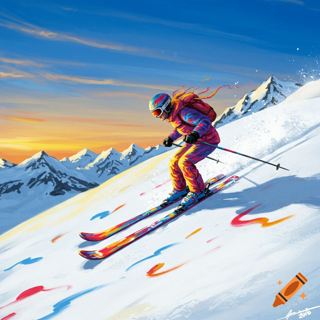 A vibrant, stylized painting of a skier with colorful skis descending a snowy mountain at sunset.
