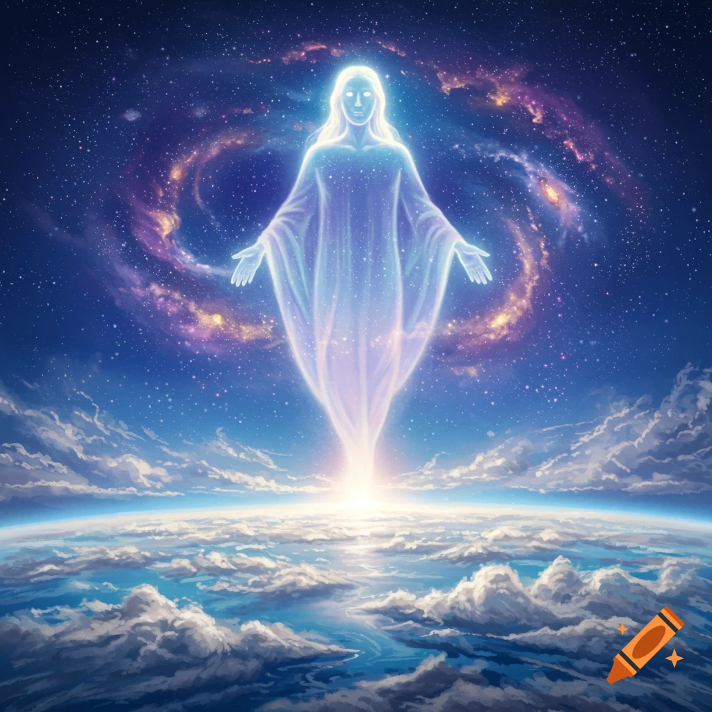 A luminous, ethereal figure hovers above Earth's clouds and oceans, set against a cosmic backdrop of stars and swirling nebulae.