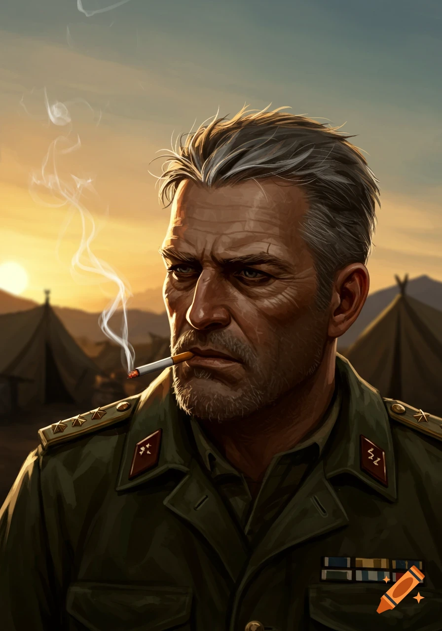 Illustration of a grizzled military general with a cigarette in his mouth at sunset, with tents in the background.