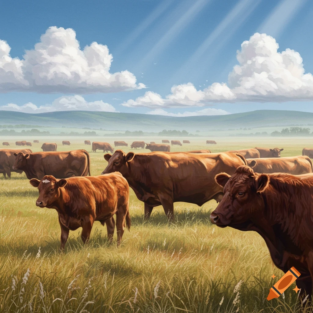 A herd of brown cattle in a sunlit green field under a blue sky with white clouds.